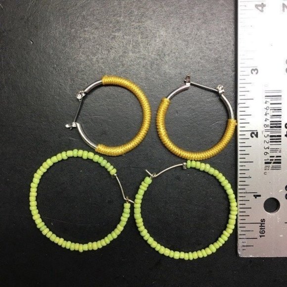 Hoop Earrings Lot Silver Yellow Cord Green Seed Bead Pierced Latch Retro BoHo - Picture 3 of 3